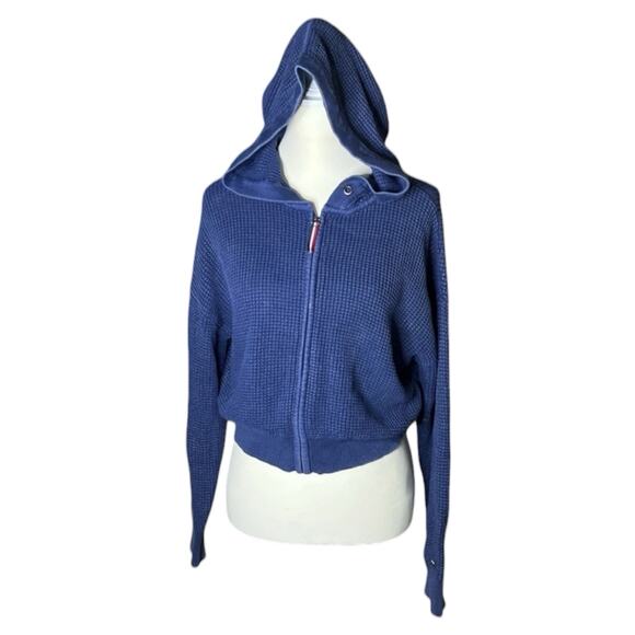 Tommy Jeans Cropped Hoodie Blue Waffle Knit Designer Full Zip Jacket US Size S - Picture 1 of 9